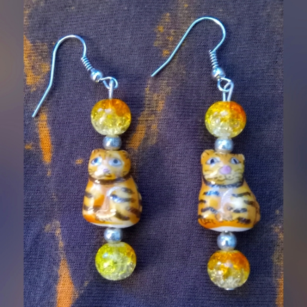 Handmade Cat Tiger Dangle Earrings